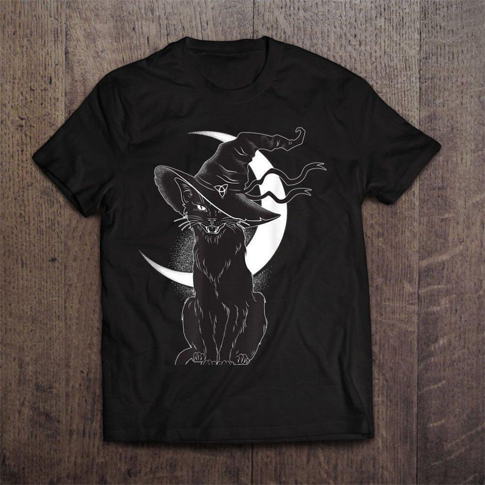 Scary  Black Cat Costume Witch Hat Moon Tee